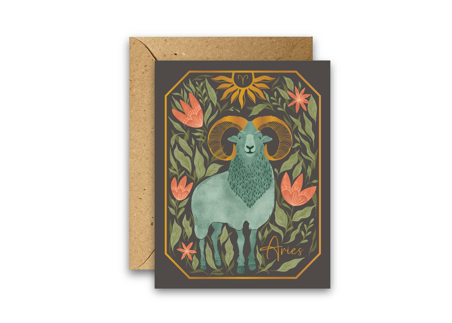 The Aries Zodiac Garden Gold Foil Greeting Card