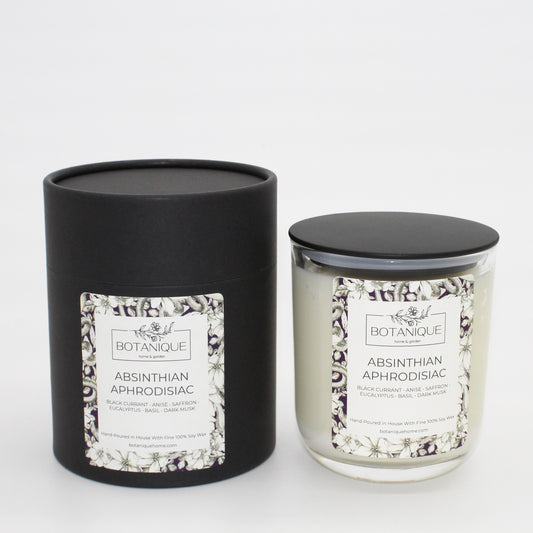 Candle and black cylindrical container labeled 'Botanique Absinthian Aphrodisiac' on a white background