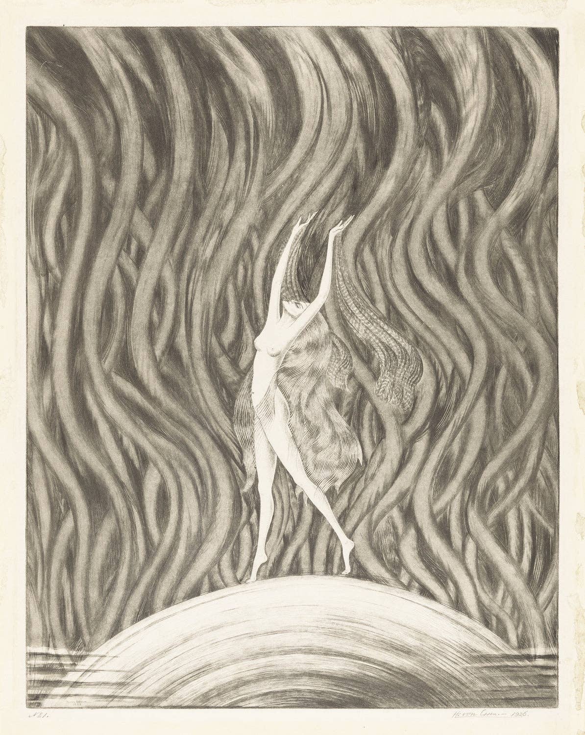 Artistic depiction of a dancer with flowing hair against a wavy background