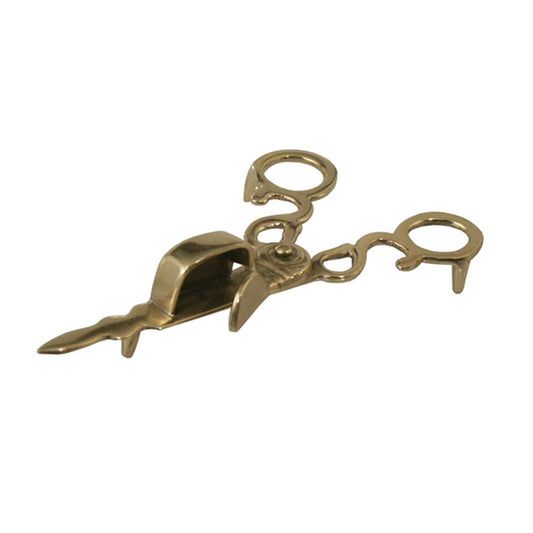 Decorative gold candle snuffer scissors -side view, on white background.