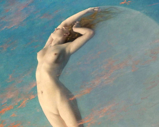 Nude figure in water with a blue and orange abstract background