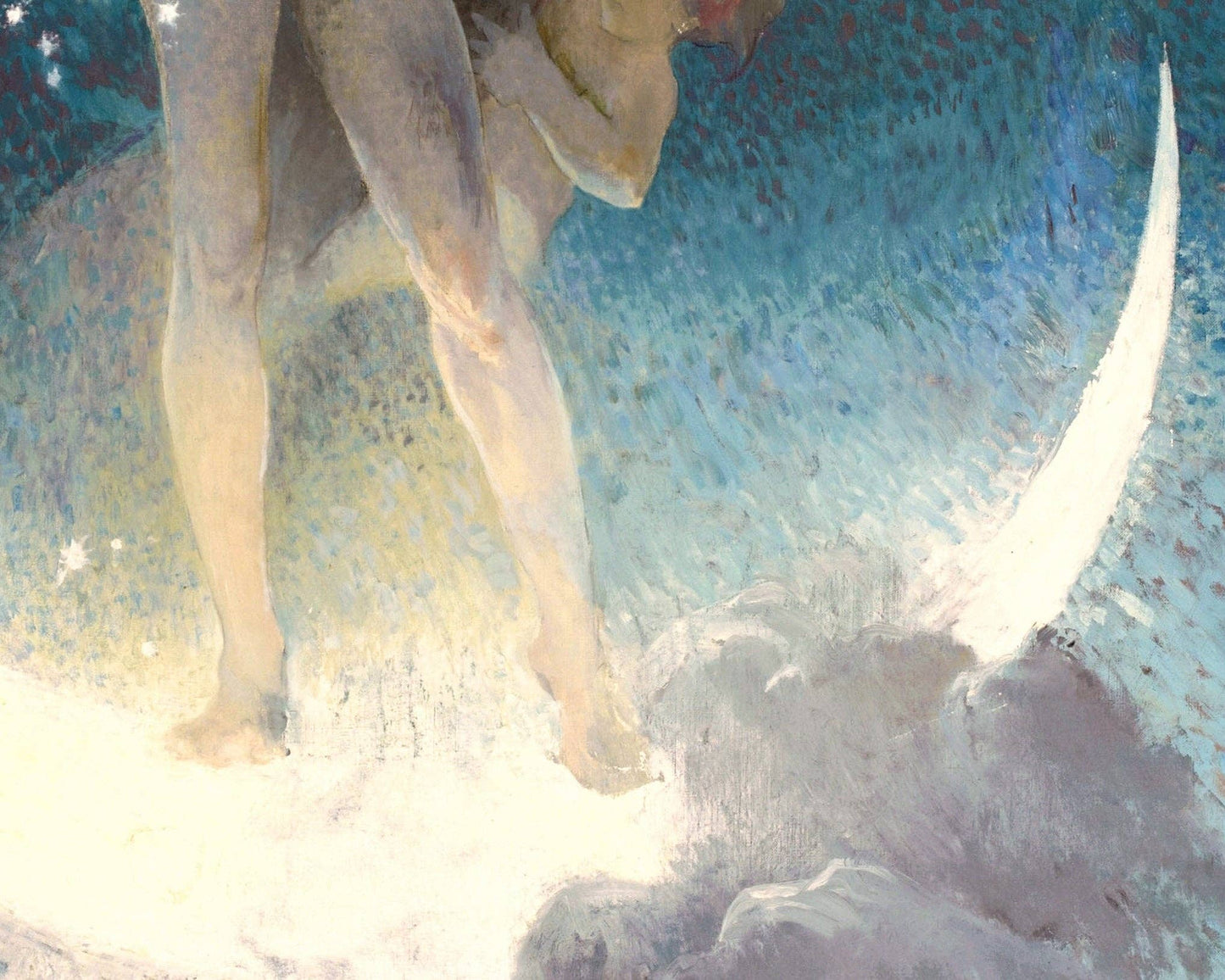 Artistic depiction of a nude figure standing on a "wet moon" with a blue and white abstract background