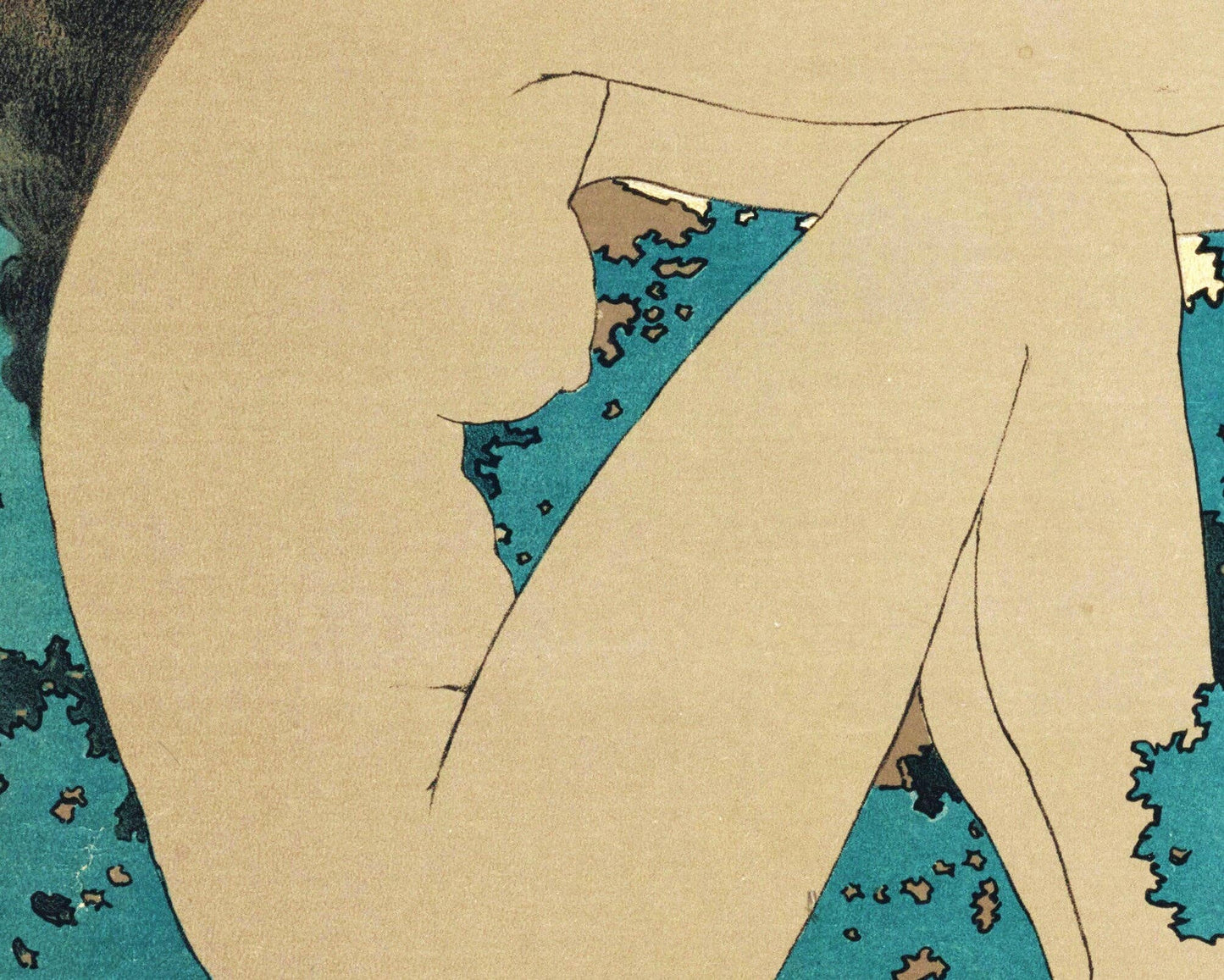 Close up of body of nude figure with blue and brown background.