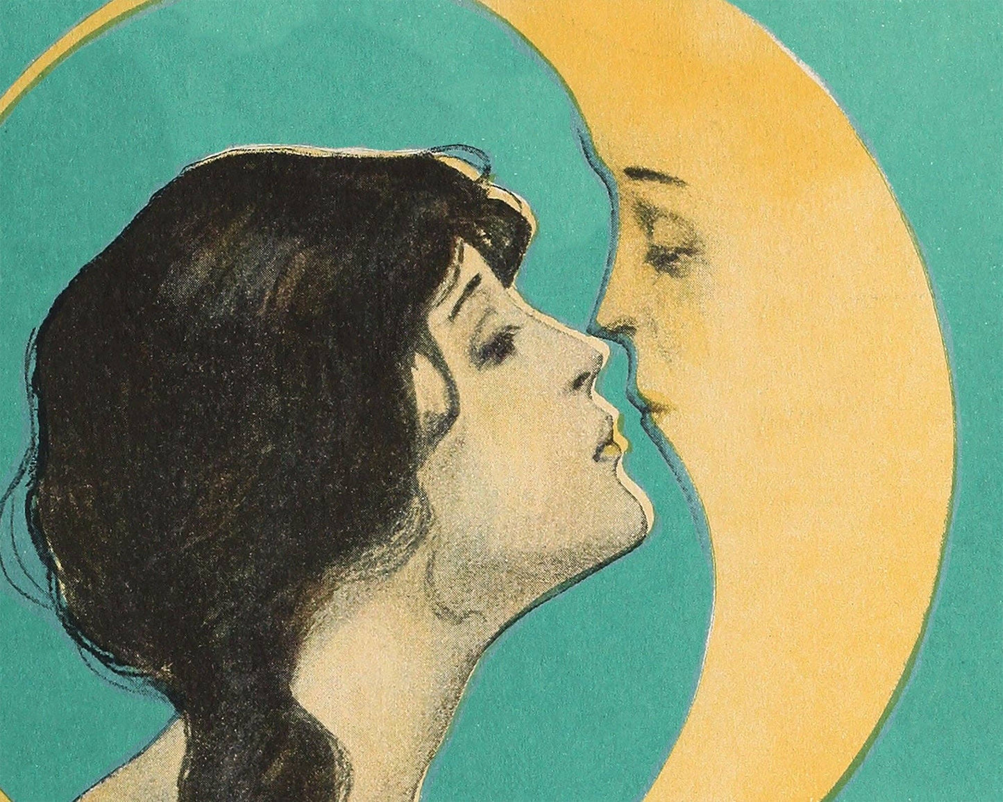 Illustration of a woman's profile kissing a yellow crescent moon on a teal background