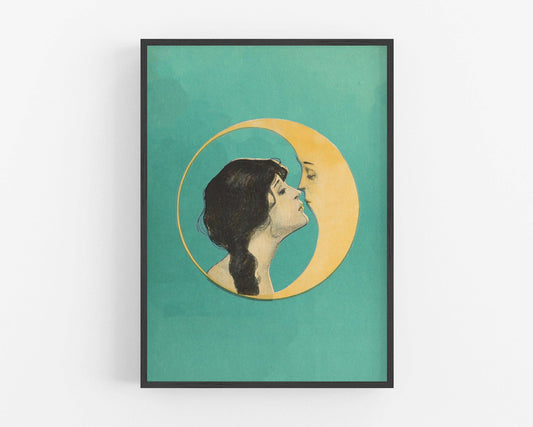 Framed artwork of a woman kissing a crescent moon on a teal background.