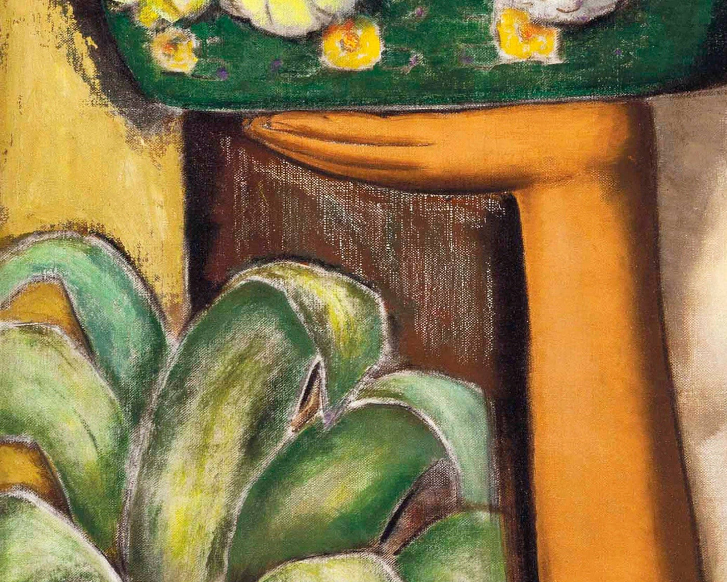 Artistic depiction of a hand holding a green tray with flowers, surrounded by green leaves.