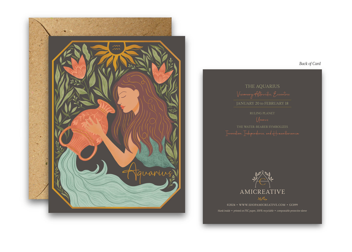 The Aquarius Zodiac Garden Gold Foil Greeting Card