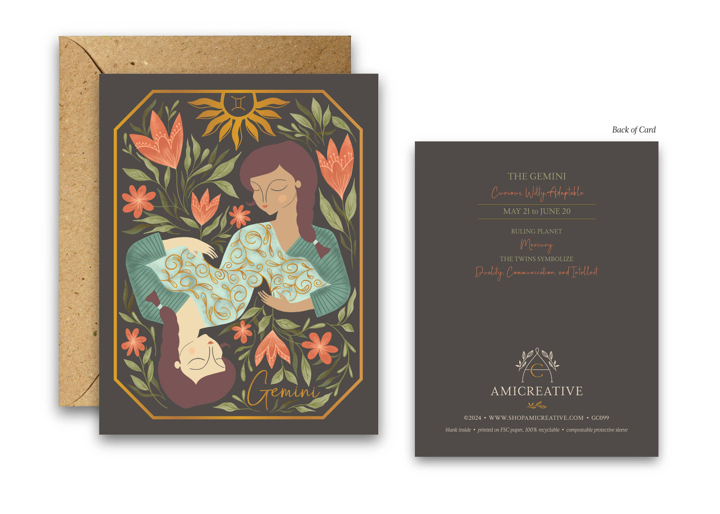 The Gemini Zodiac Garden Gold Foil Greeting Card