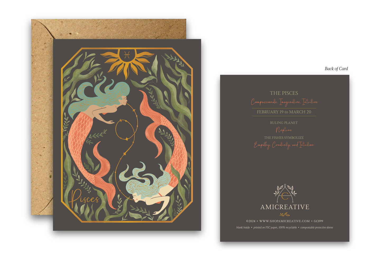The Pisces Zodiac Garden Gold Foil Greeting Card