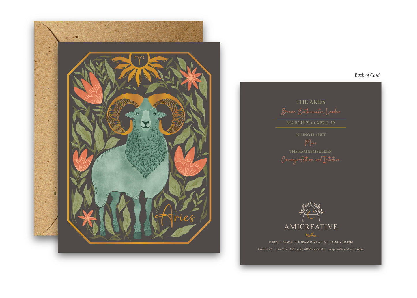The Aries Zodiac Garden Gold Foil Greeting Card