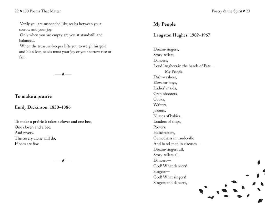 Book page with poems by Emily Dickinson and Langston Hughes on a white background
