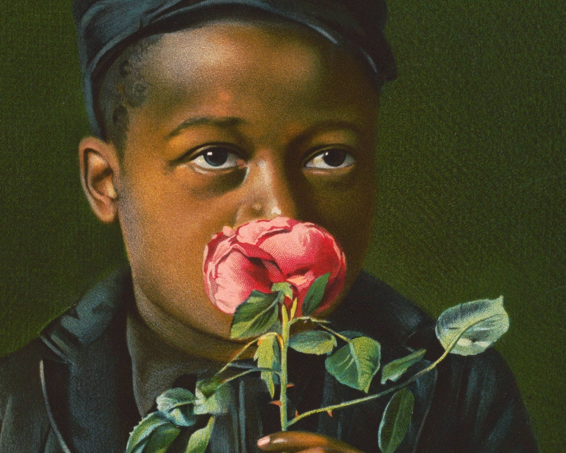 Artistic depiction of a person holding a pink rose against a dark background