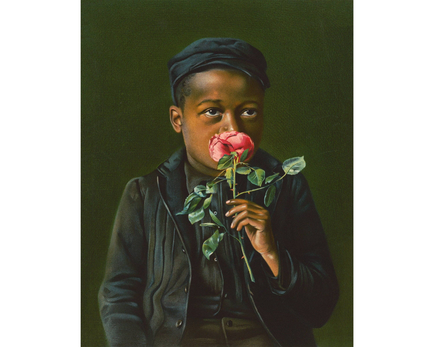 Painting of a young boy holding a pink rose against a dark background