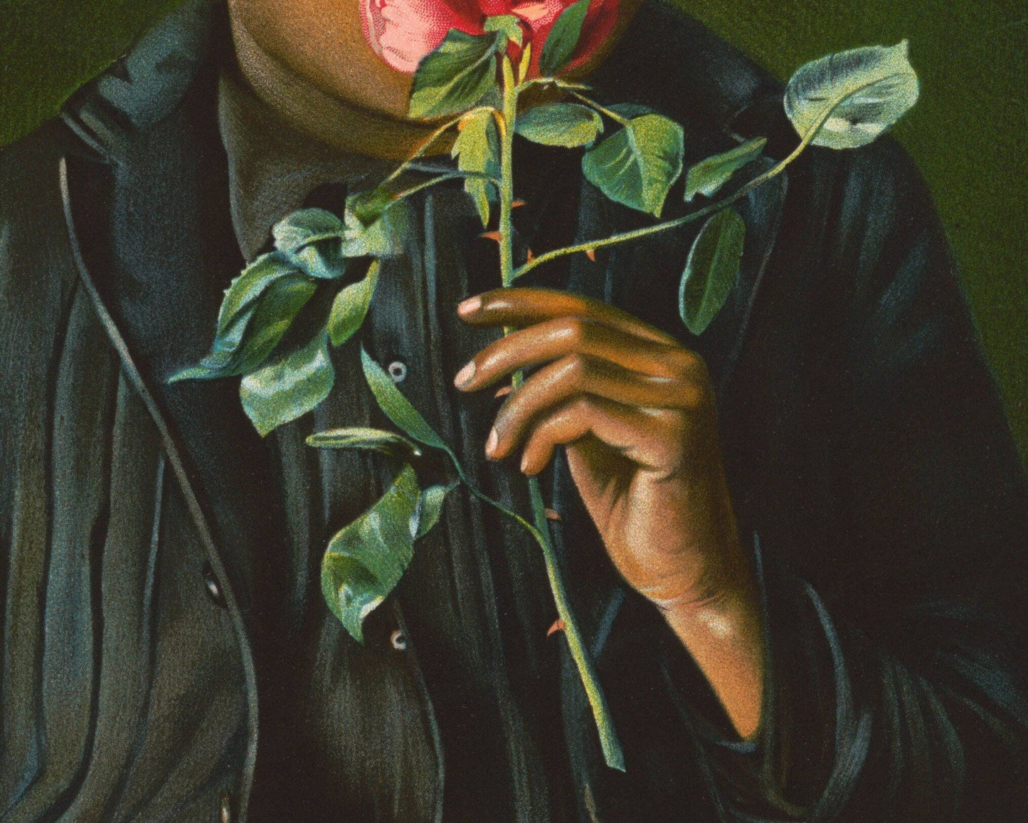 Hand holding a thorny rose with a dark background