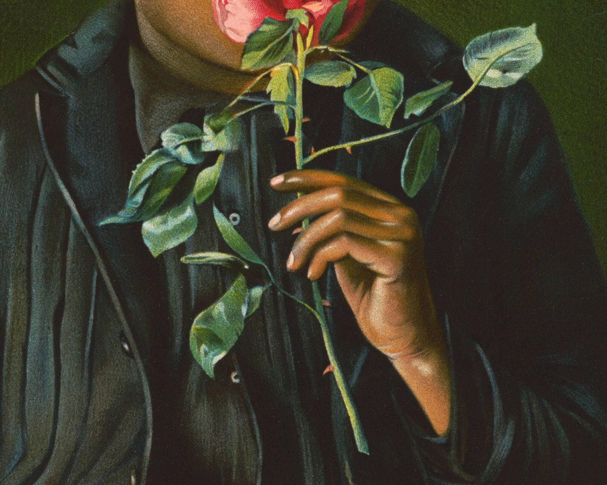 Hand holding a thorny rose with a dark background