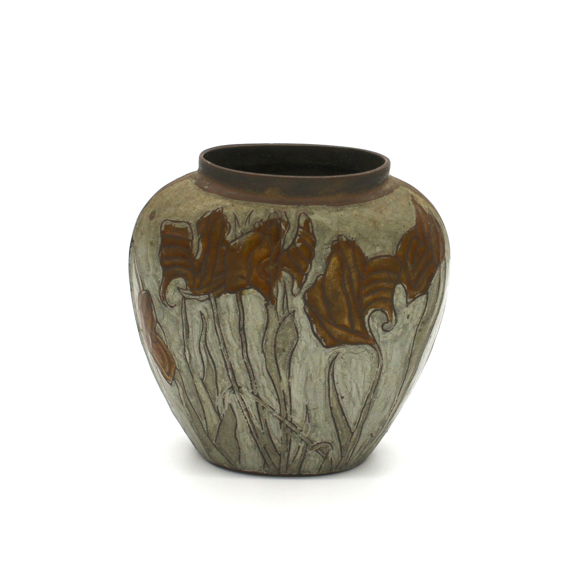 Brass and enamel vase with irises on white background.