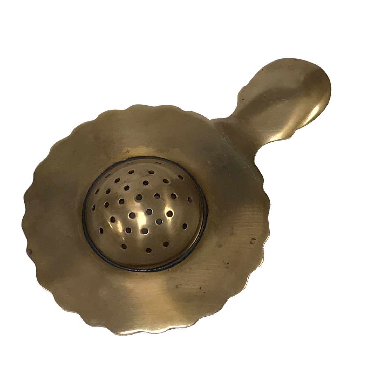 Back of Brass Decorative Tea Strainer on white background.