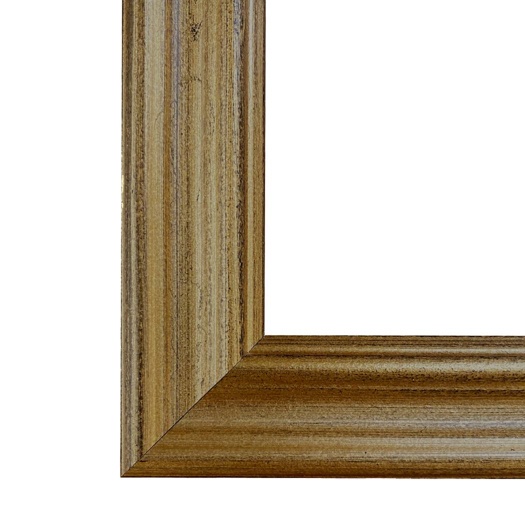 Close-up of a wooden picture frame with a white background