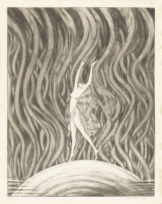 Artistic depiction of a dancer with flowing hair against a wavy background