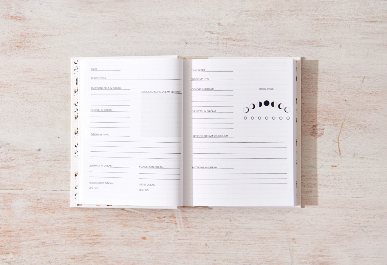 Open planner on a wooden surface with celestial design