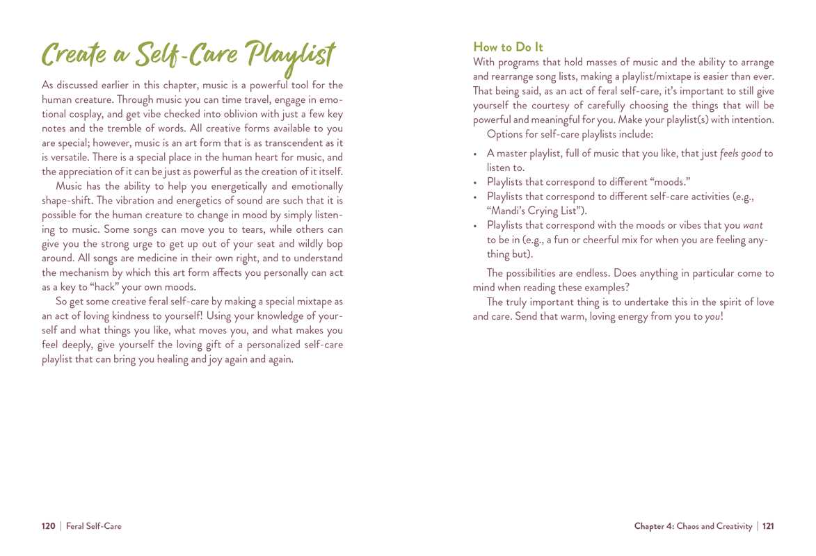 Page from a book titled 'Create a Self-Care Playlist' with text on self-care and music.