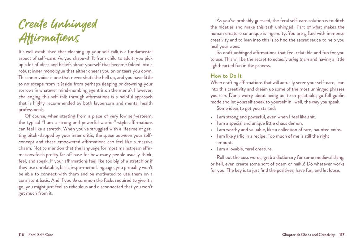 Text page from a book on self-care with green and black text on a white background