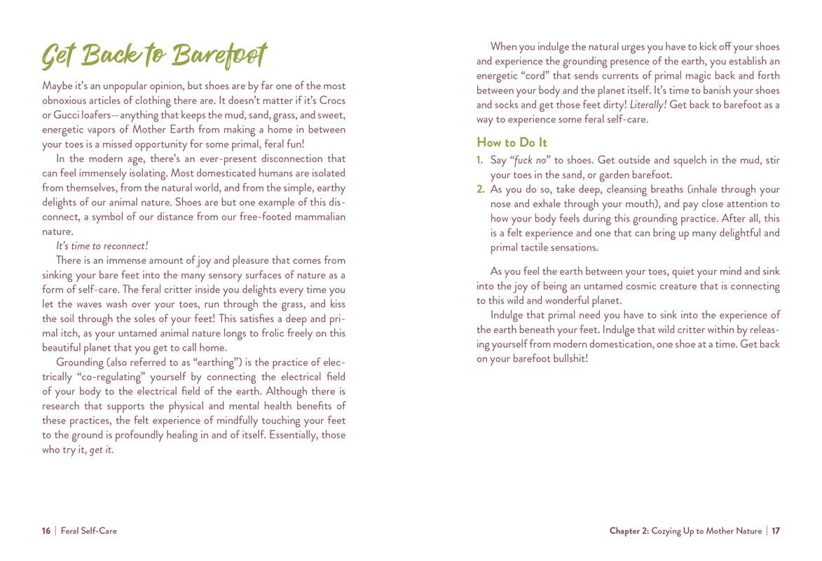 Page from a book or magazine about grounding oneself with nature, featuring text on a white background.