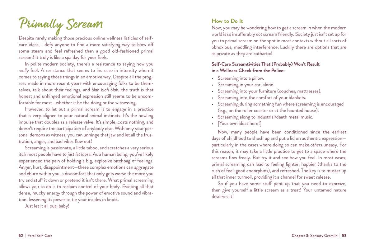 Page from a book or magazine about self-care, specifically on primal screaming.