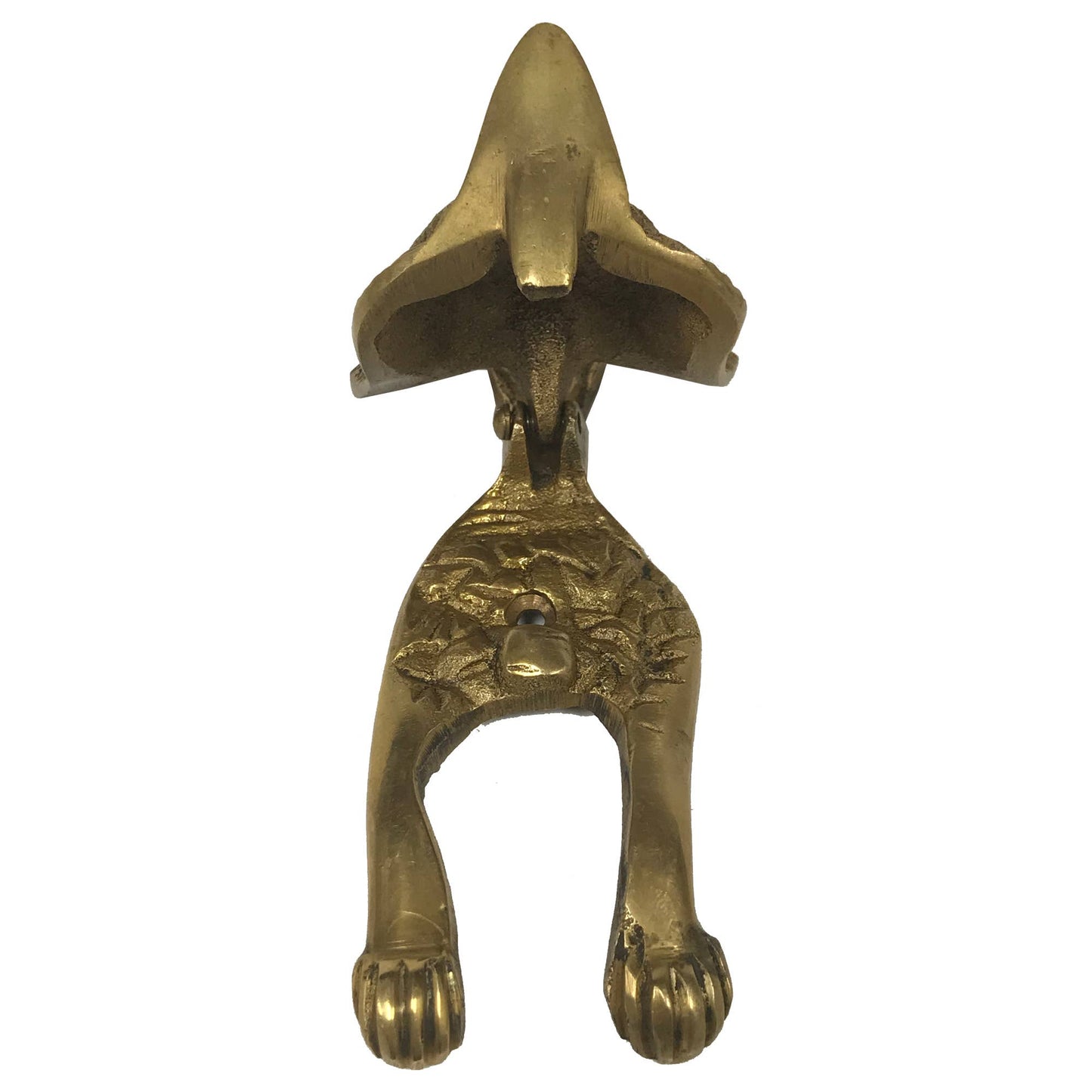 Brass fox door knocker with head raised on white background.