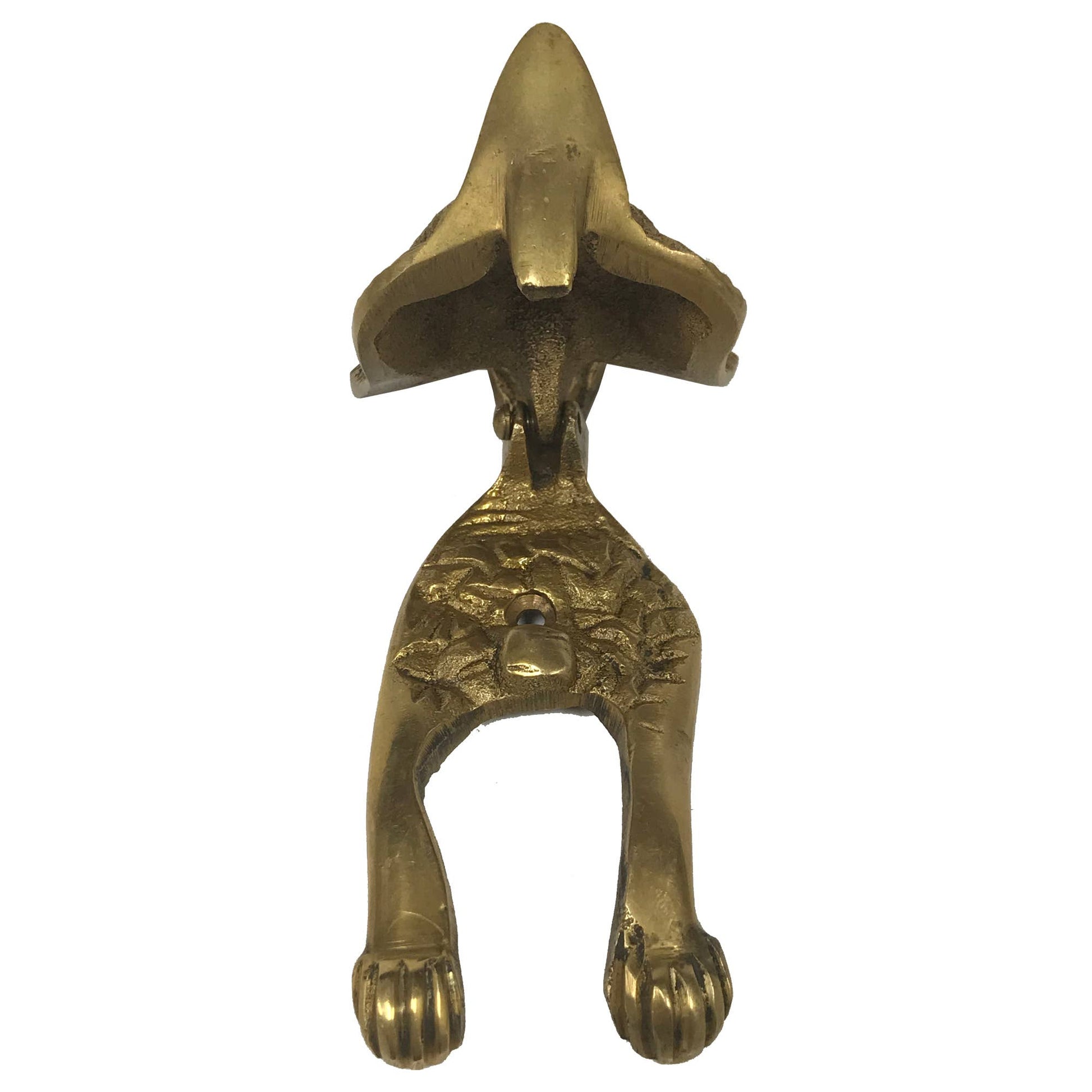 Brass fox door knocker with head raised on white background.