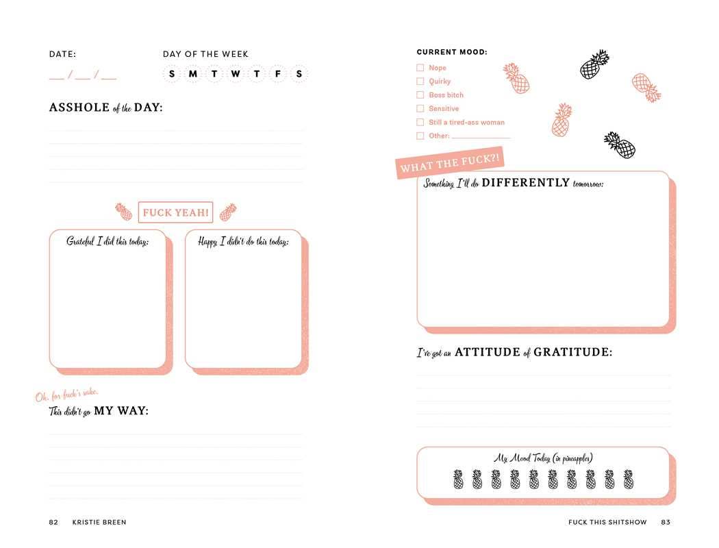 Sheet from a planner with humorous and self-deprecating text, including sections for date, day of the week, current mood, and reflections.
