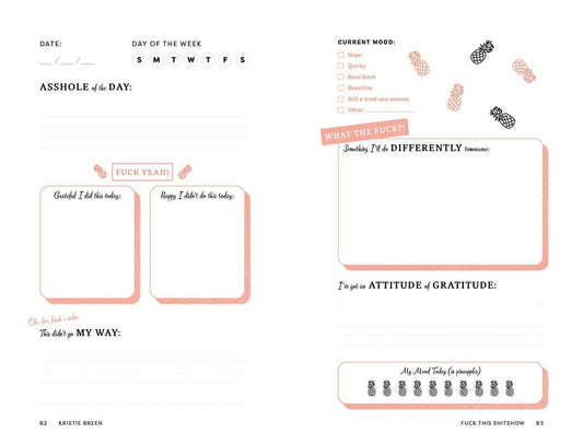 Sheet from a planner with humorous and self-deprecating text, including sections for date, day of the week, current mood, and reflections.