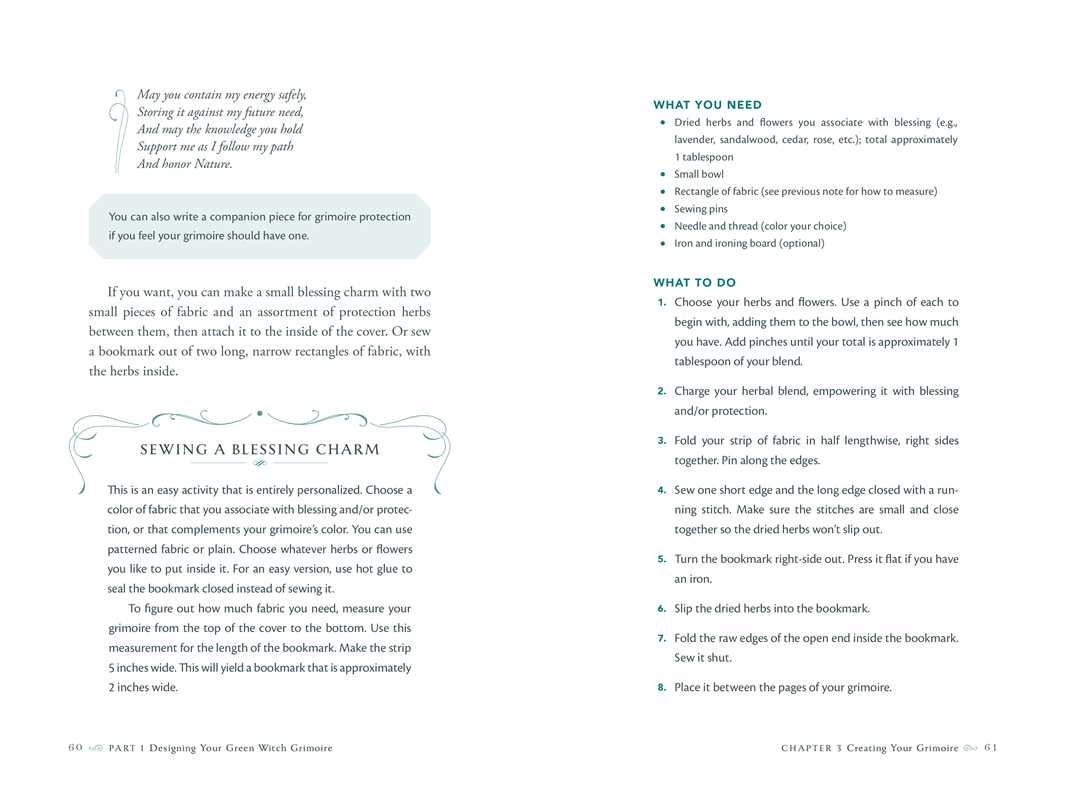 Instructional text on sewing a blessing charm from a book, with a white background.