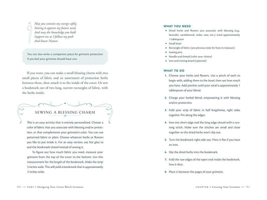 Instructional text on sewing a blessing charm from a book, with a white background.