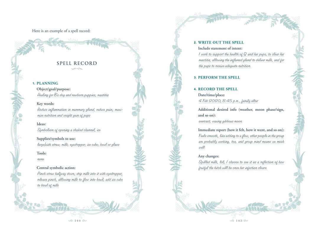 Spell record form with decorative borders on a white background