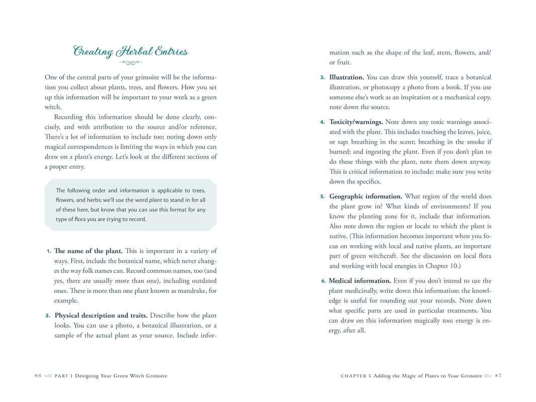 Text page from a book on creating herbal entries with a white background.
