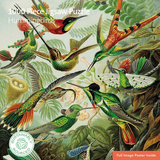 1000 Piece Jigsaw Puzzle packaging featuring colorful hummingbirds and leaves.