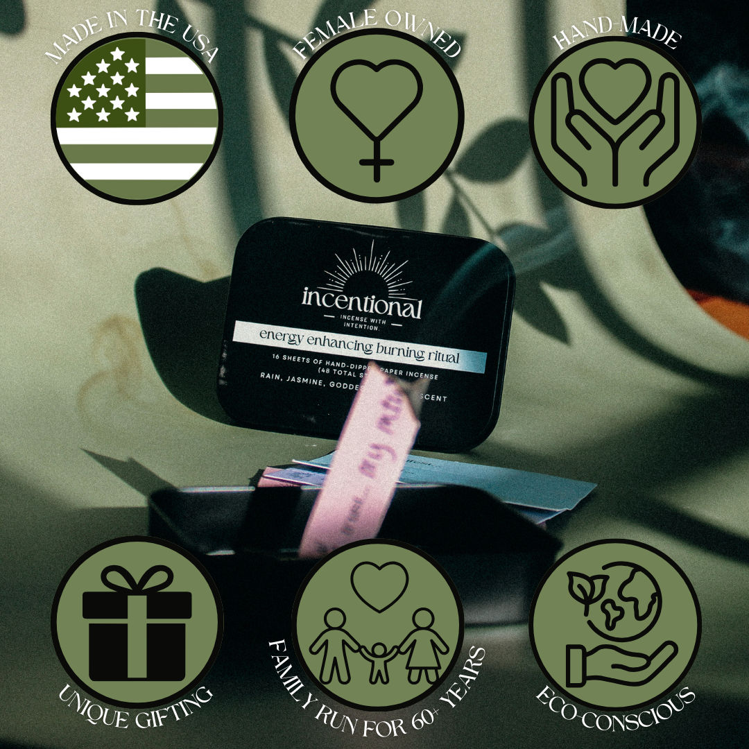 Incentival product with various icons indicating 'Made in the USA', 'Female Owned', 'Hand Made', 'Eco-Conscious', 'Family Run for 60 Years', 'Unique Gifting', and 'Energy Enhancing' on a green background.