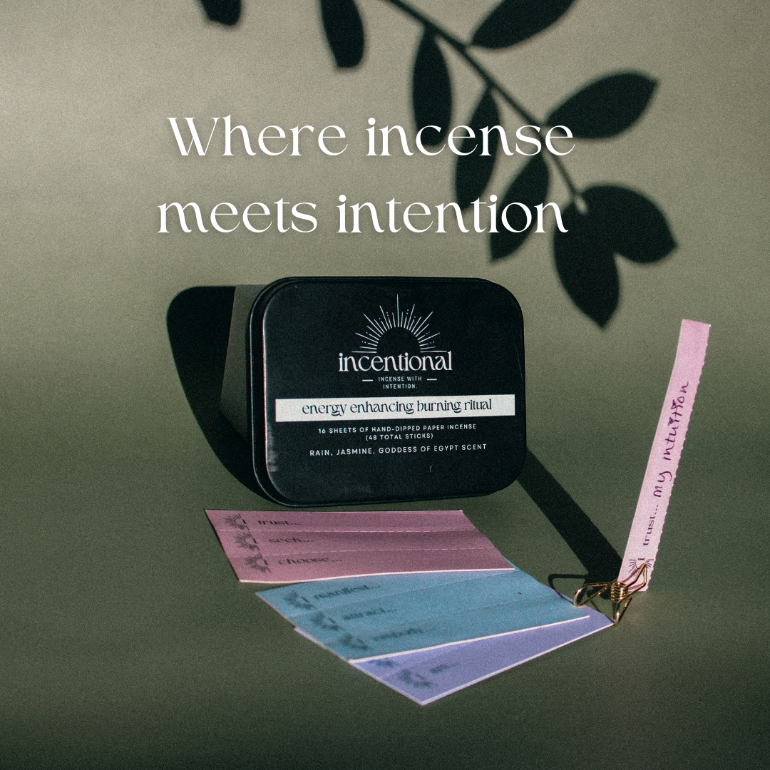 Incense packaging with 'incentional' branding on a green background