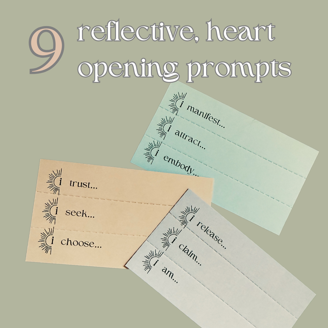 Three cards with reflective prompts on a light green background