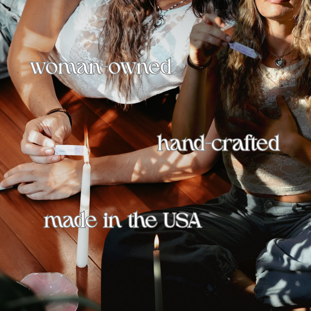 Two women lighting a candle with text overlay about woman-owned, hand-crafted products made in the USA.