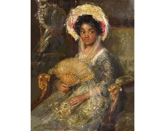 Painting of a woman holding a fan, wearing a decorative headpiece and gown.