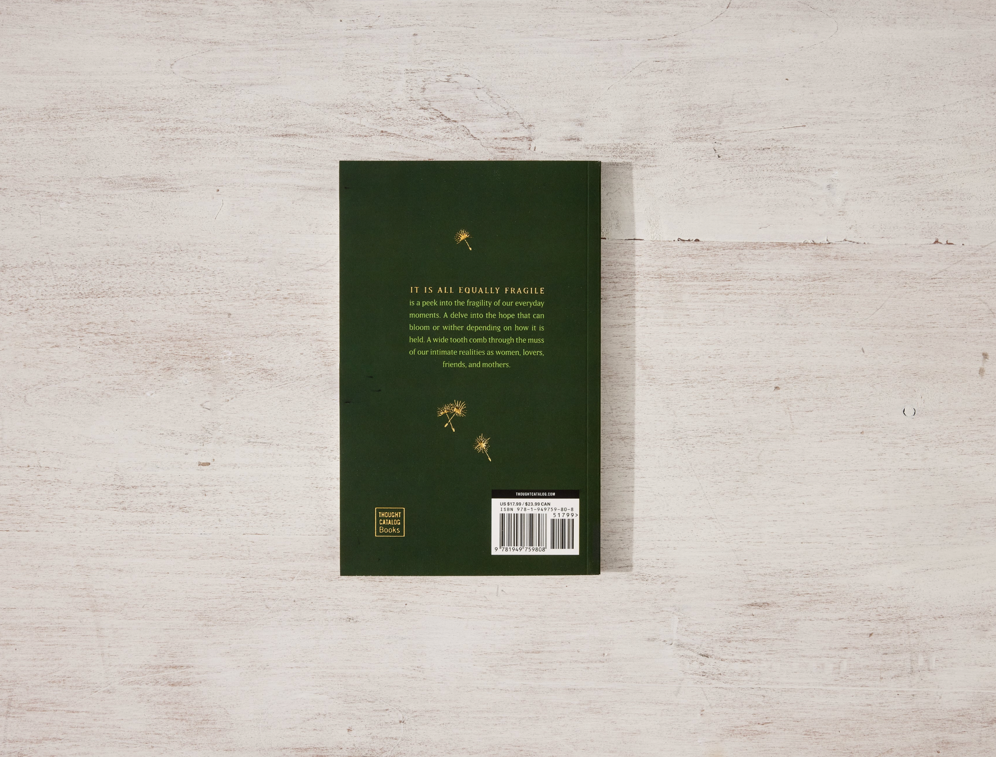 Book cover with text and a barcode on a light wooden surface