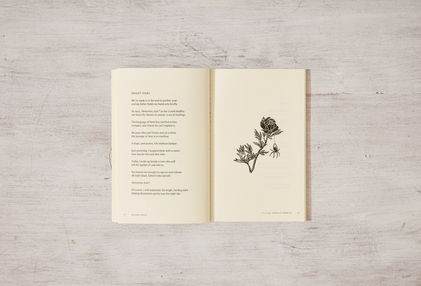 Open book with a floral illustration on a wooden surface