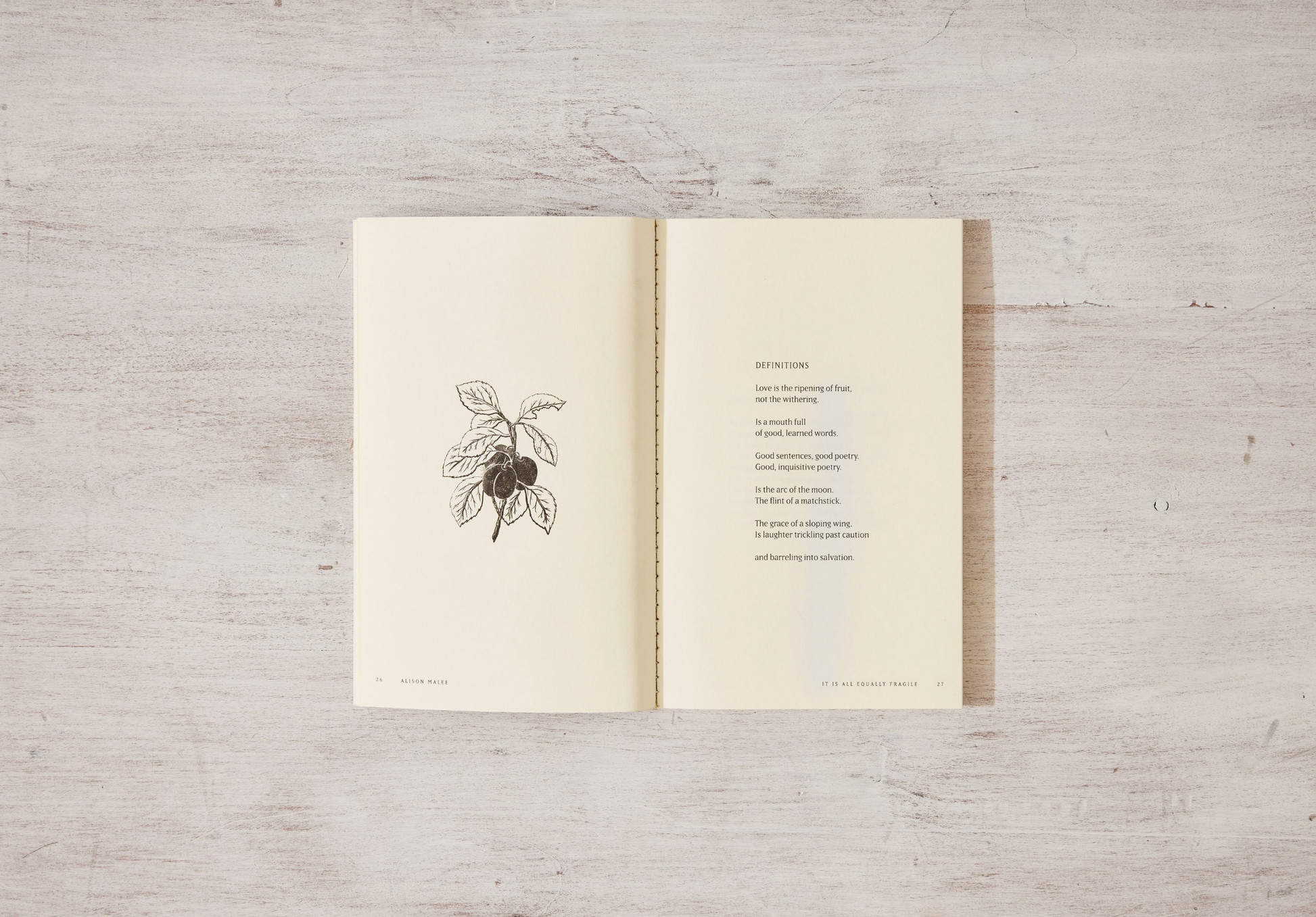 Open book with a drawing of olives on a wooden surface