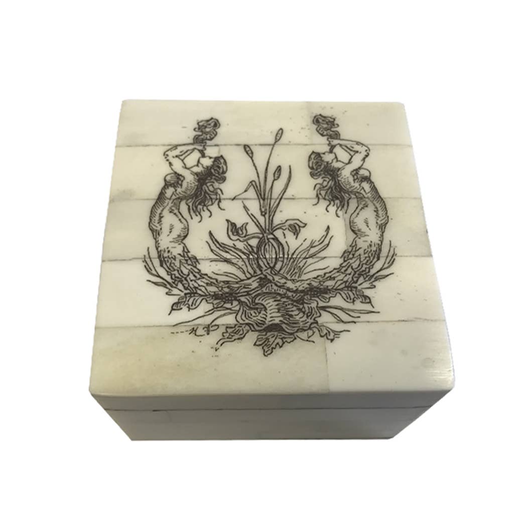 Square Etched Dual Mermaid Scrimshaw Etched Bone Box