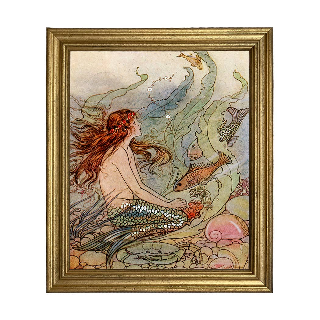 Framed artwork of a mermaid with fish and sea shells on a light background