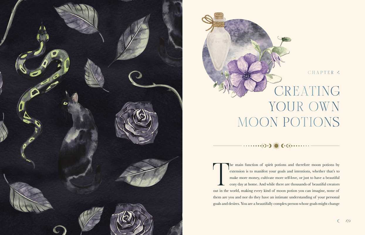 Magical-themed book page with snake, rose, and potion illustration on a dark background.