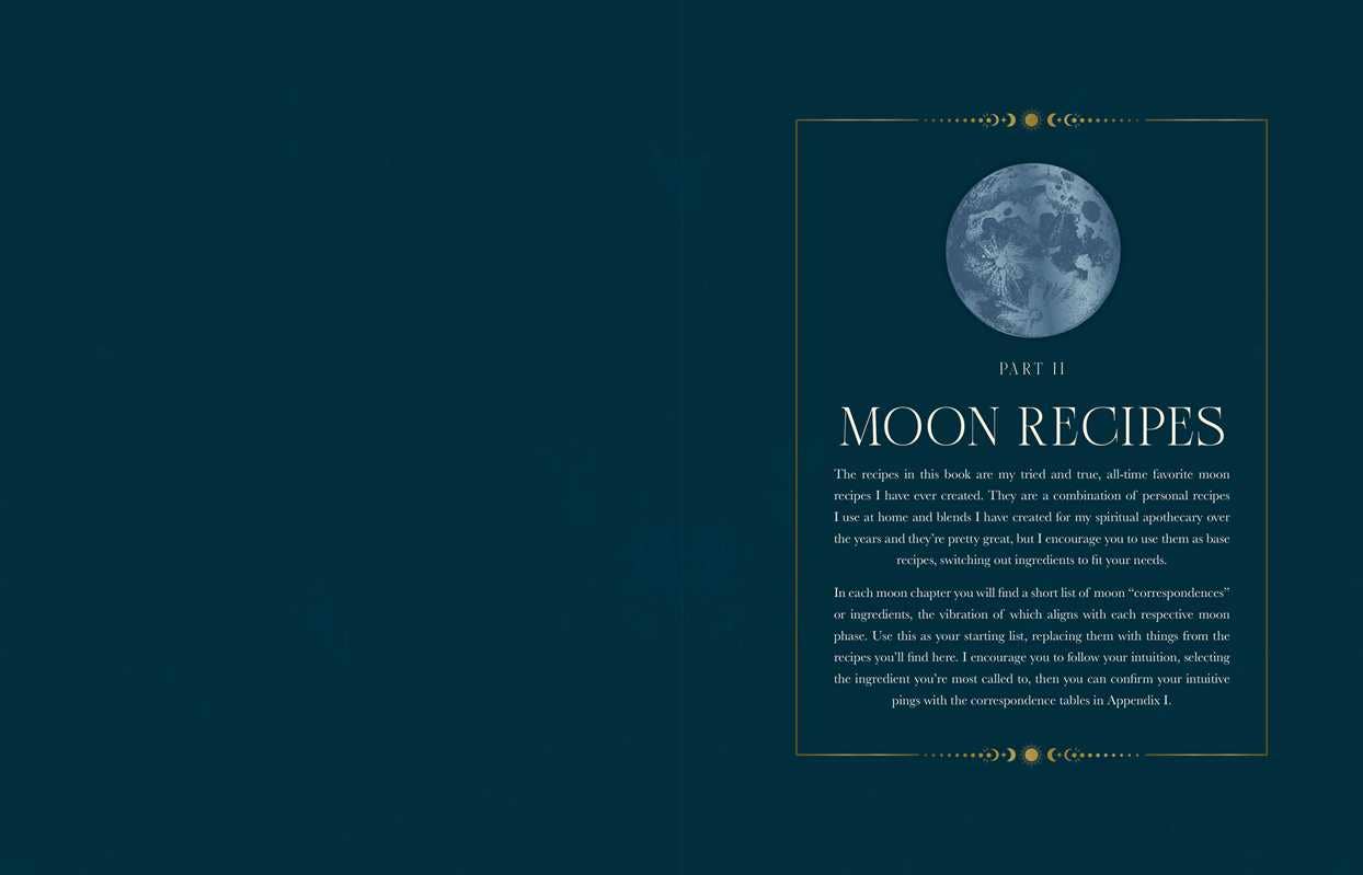 Book cover titled 'Moon Recipes' with a moon graphic on a dark blue background