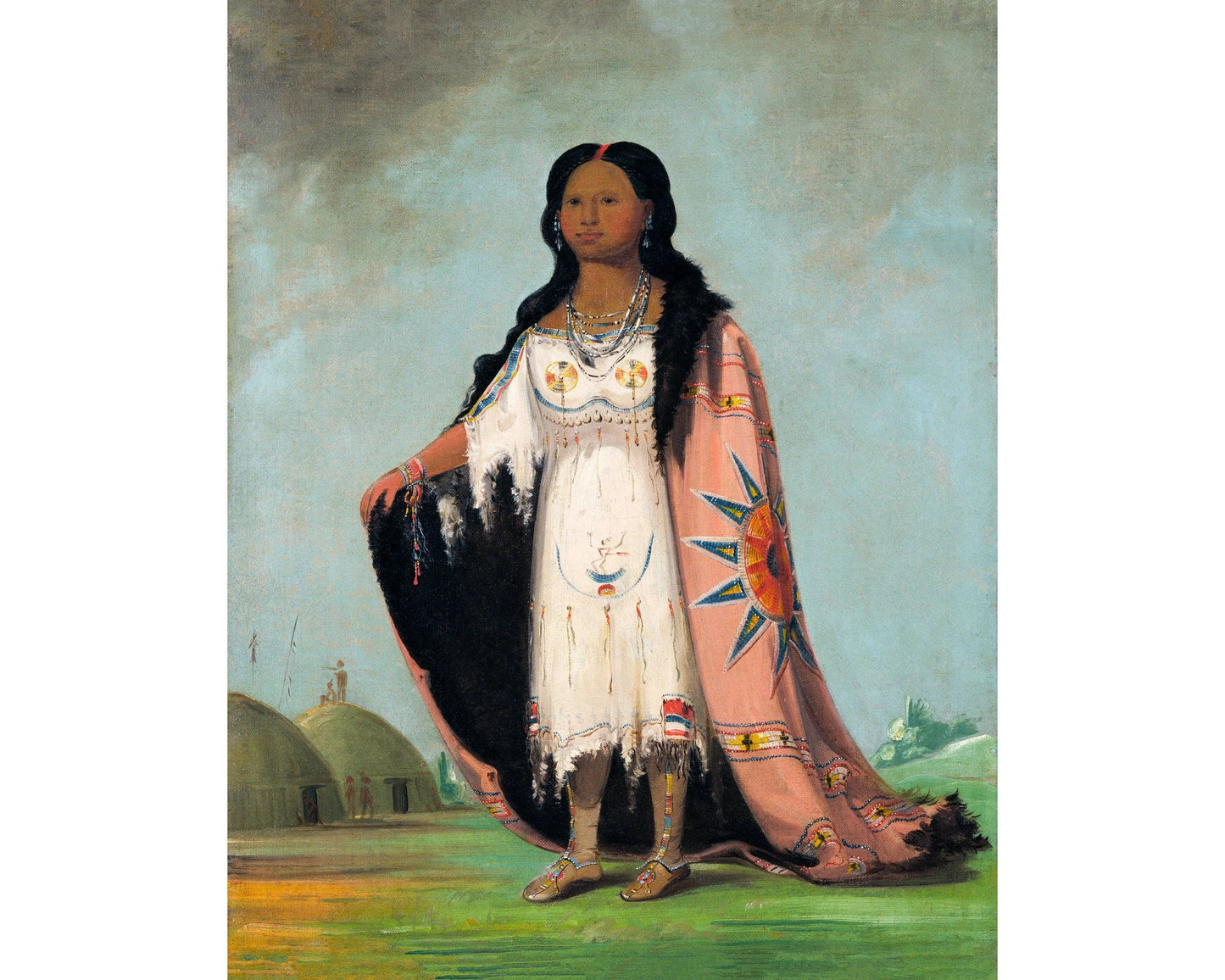 Portrait of a Native American girl in traditional attire with a scenic background